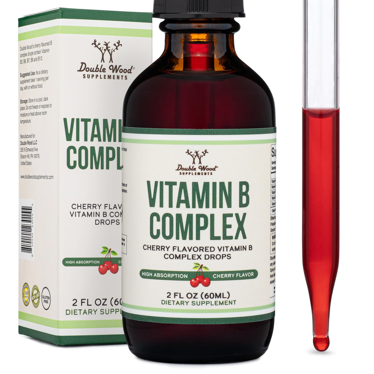 Ingrédients des gouttes de vitamine B-Complex Double Wood sur l'étiquette