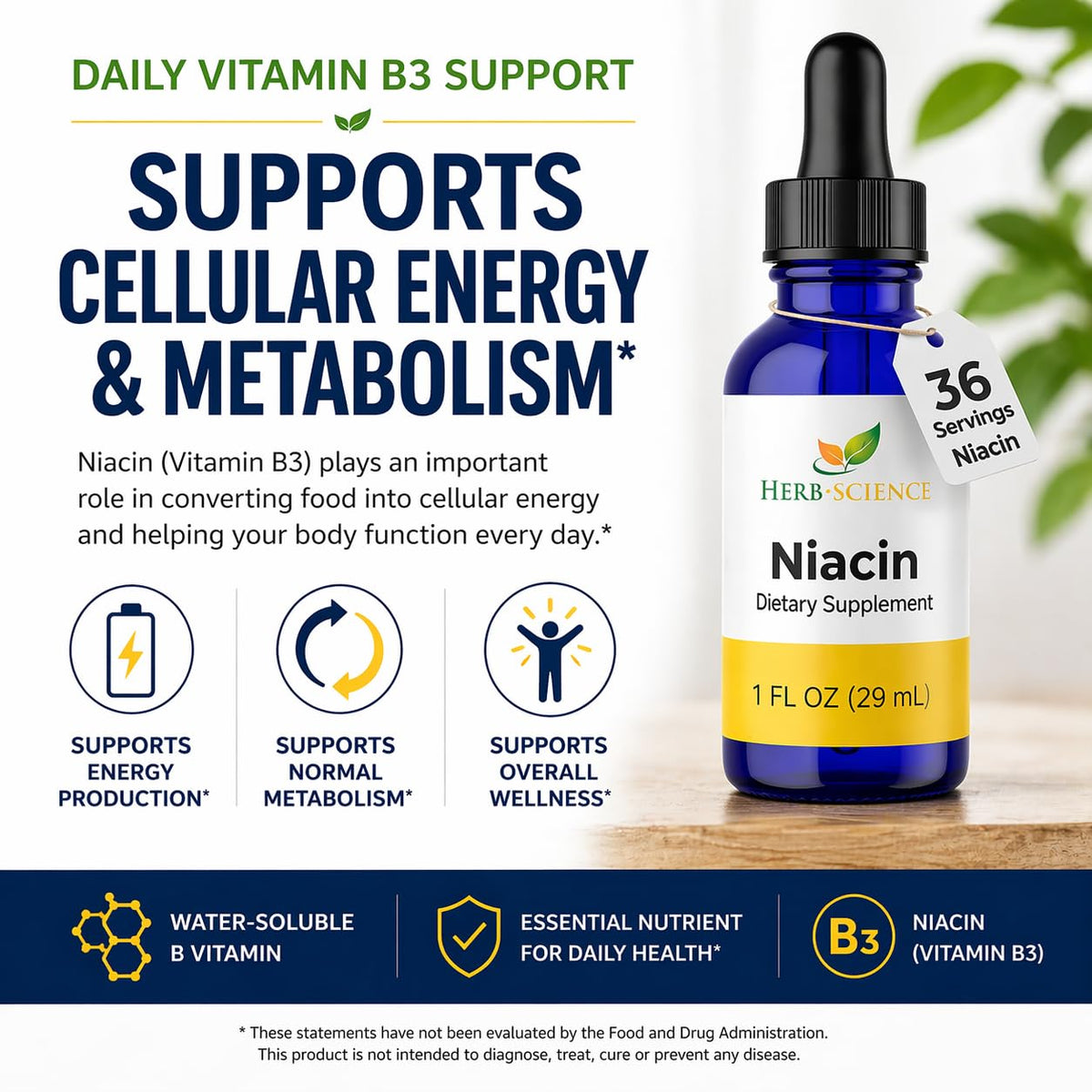 Ingrédients des gouttes de Vitamine B3 Herb-Science: niacine, glycérine végétale, eau purifiée