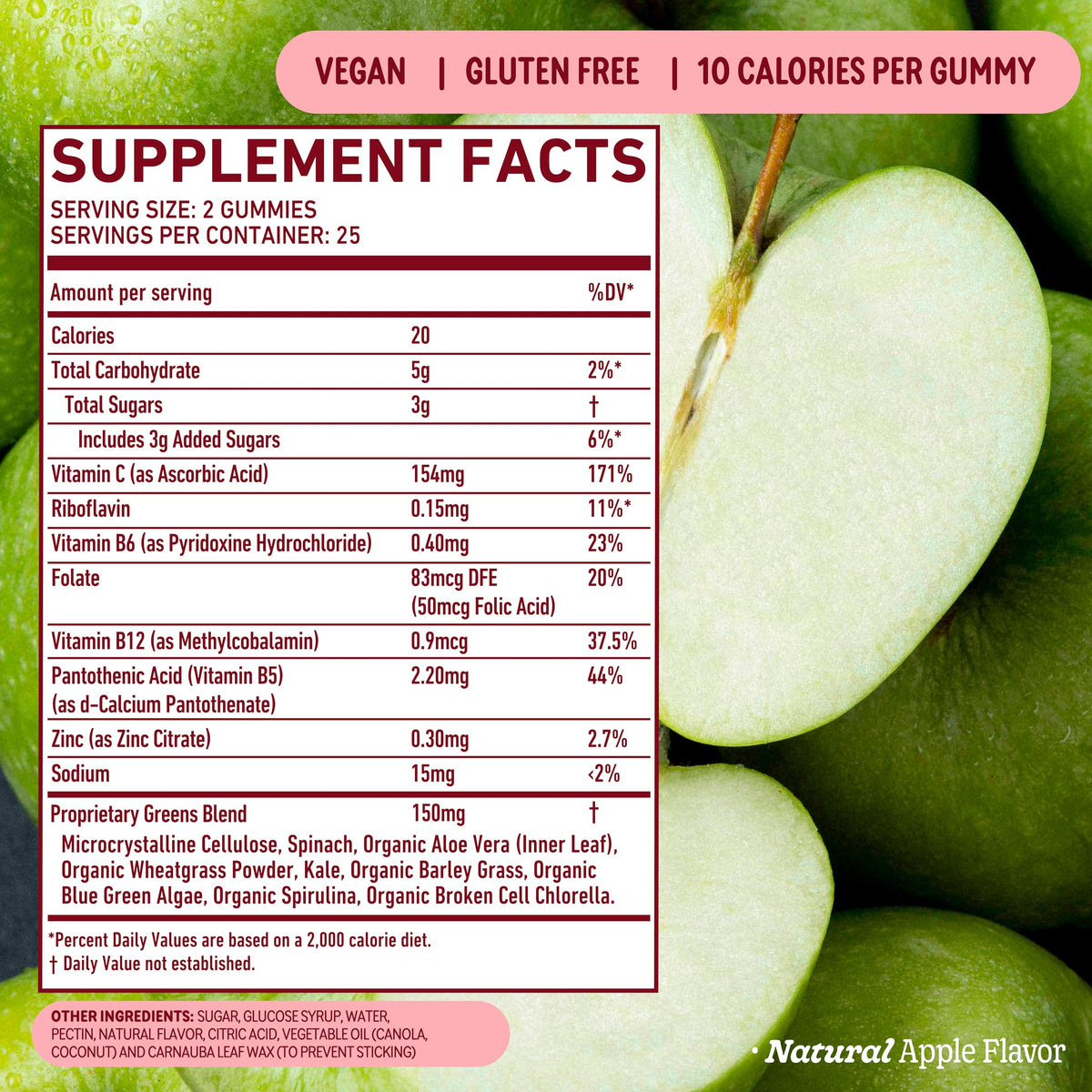 Ingrédients des gummies 8G Supergreens sur une table