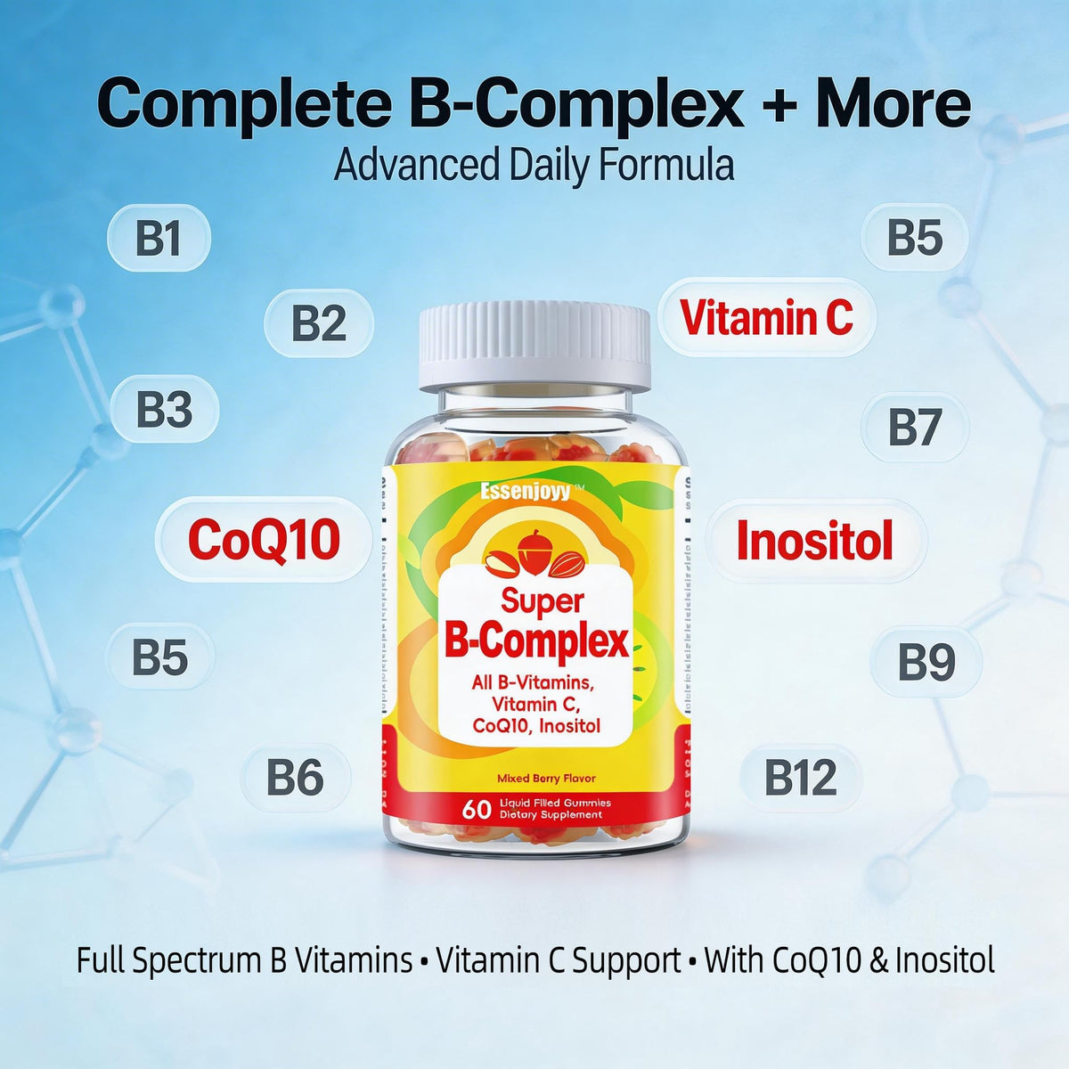 Ingrédients des gummies B Complex ESSENJOYY sur un fond clair