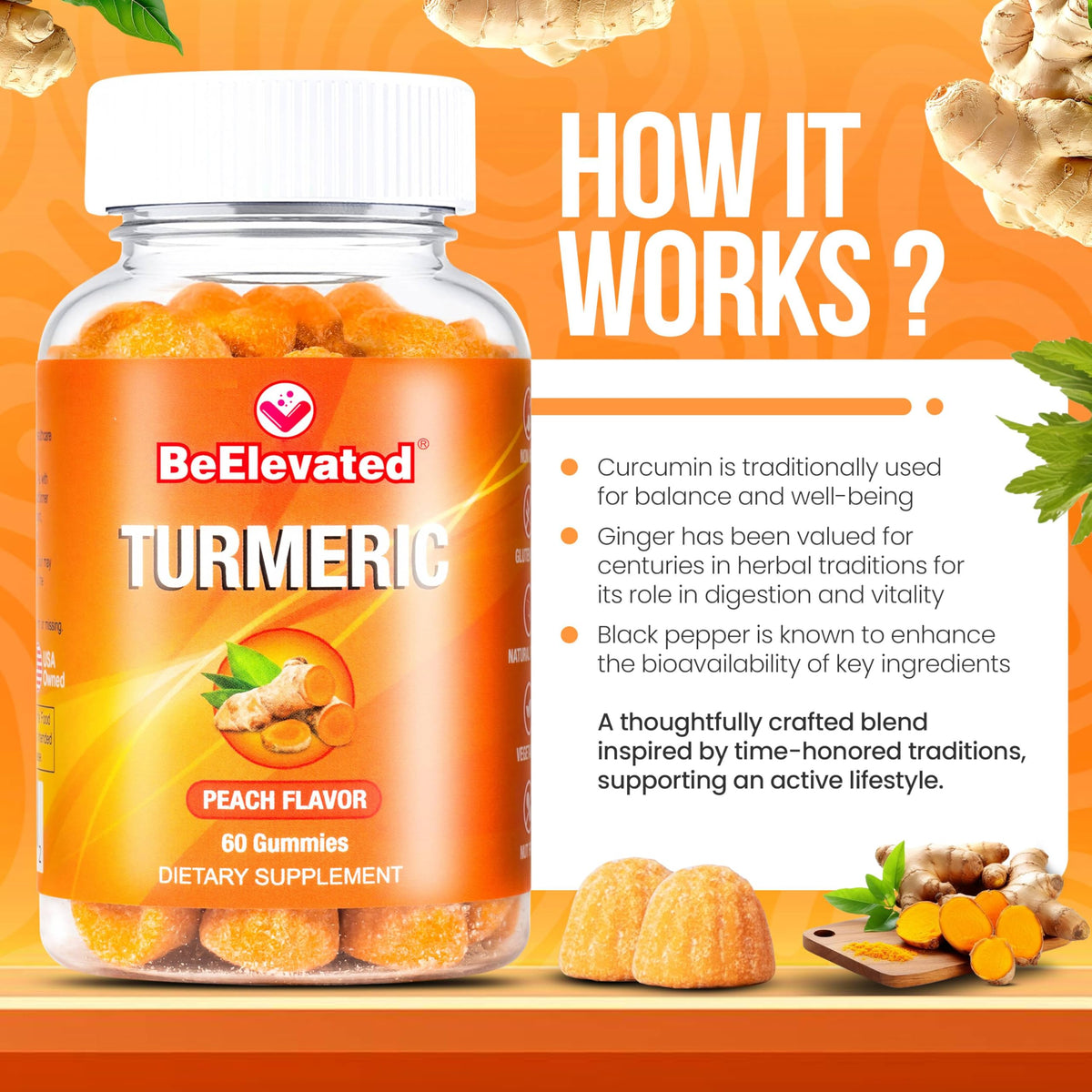 Ingrédients des gummies BeElevated au curcuma et gingembre