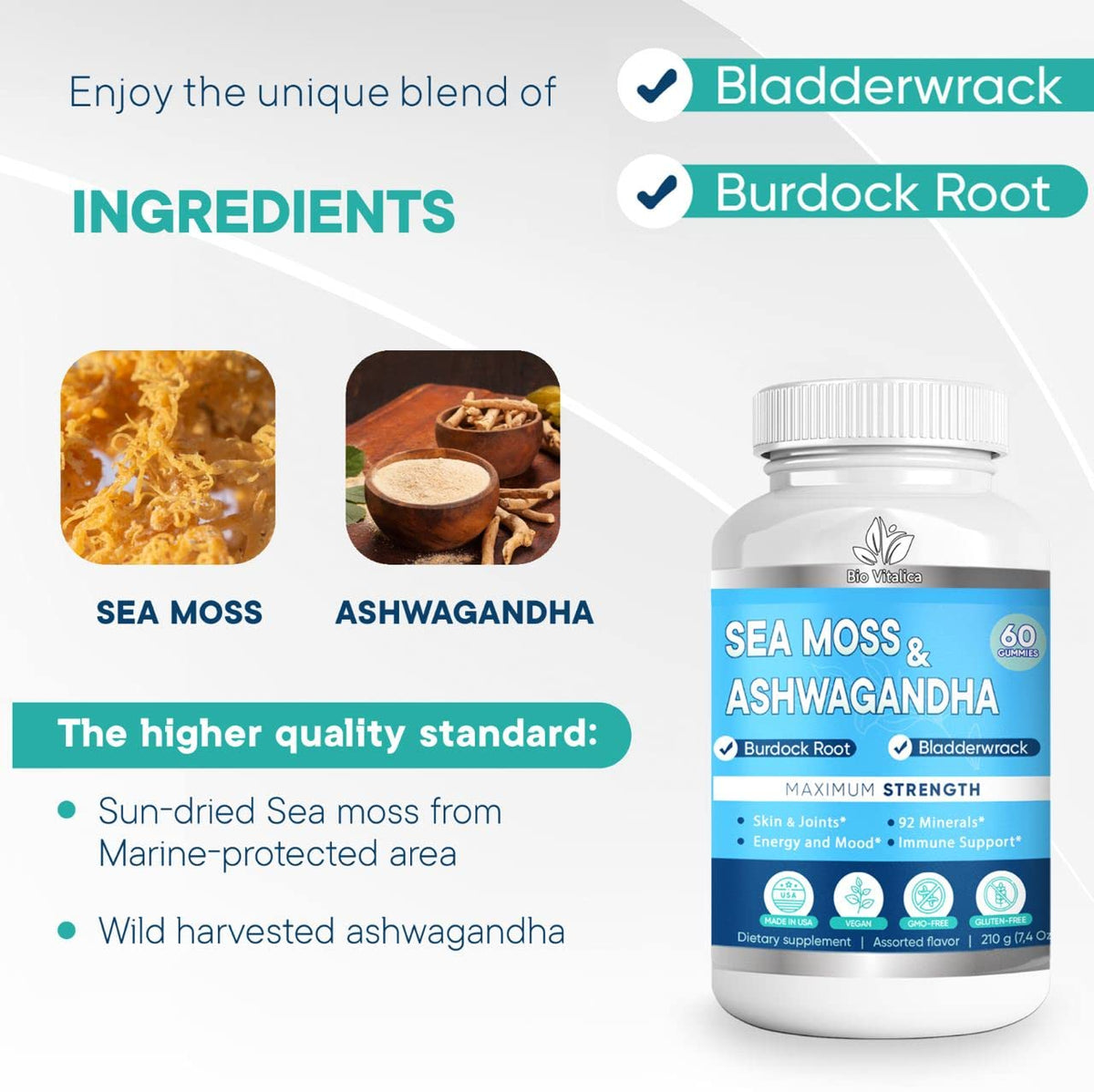 Ingrédients des gummies BIO VITALICA, mousse de mer et ashwagandha
