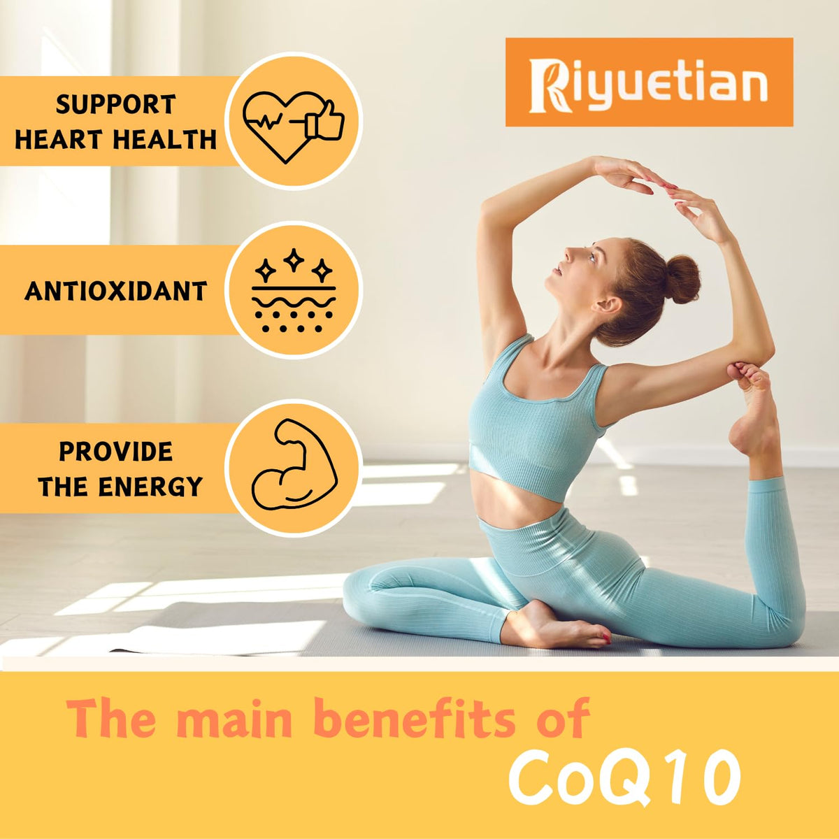Ingrédients des gummies CoQ10 Riyuetian sur une table