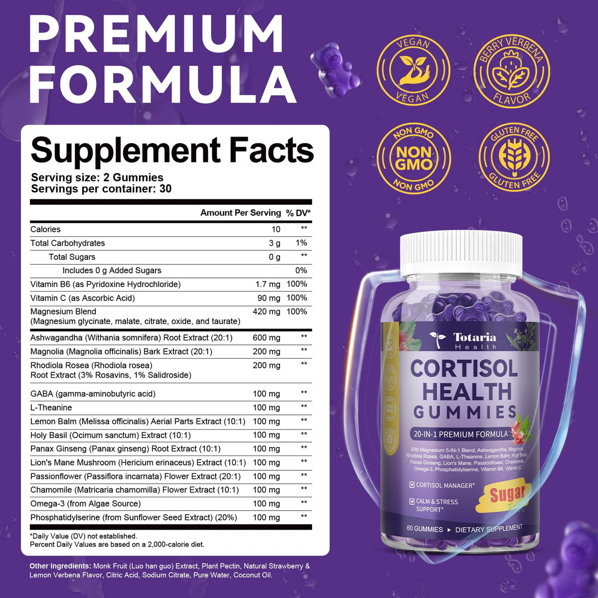 Ingrédients des gummies Cortisol Totaria sur une table