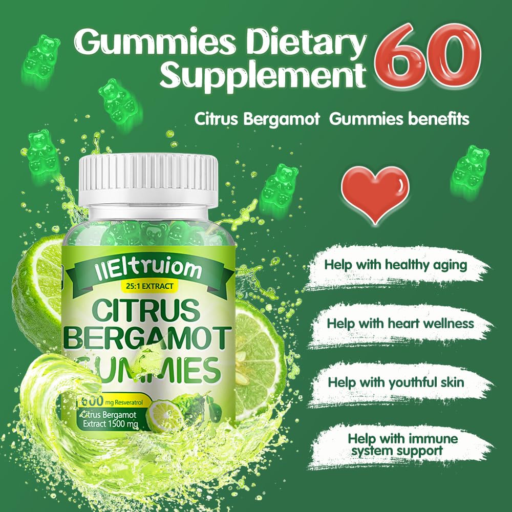 Ingrédients des gummies de bergamote citrus IIEltruiom sur fond blanc