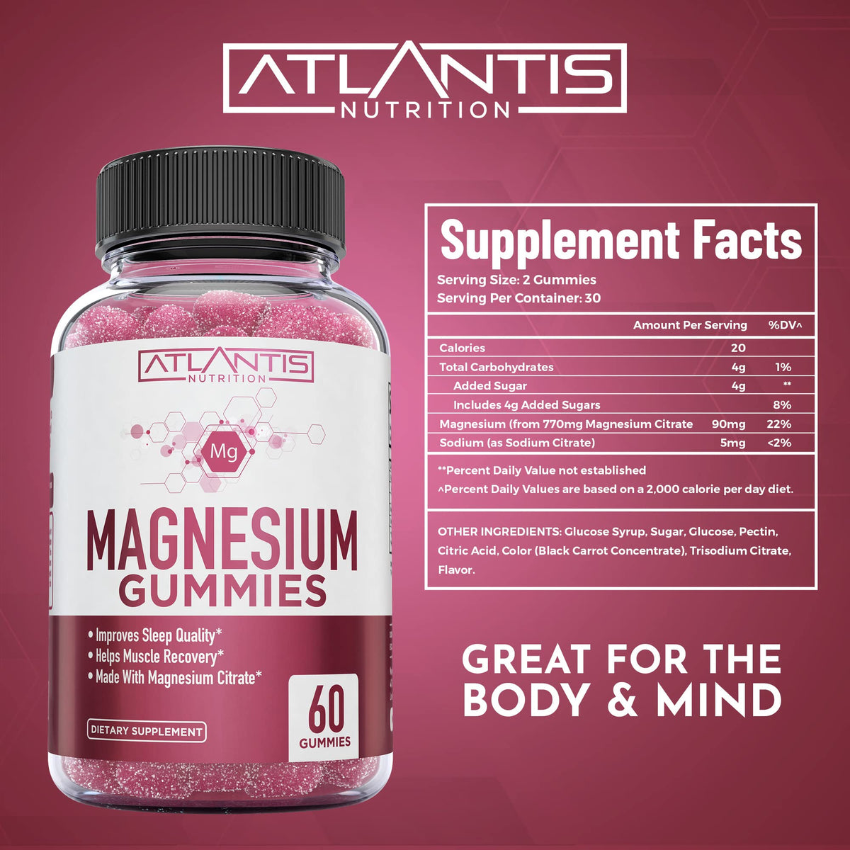 Ingrédients des gummies de citrate de magnésium Atlantis Nutrition