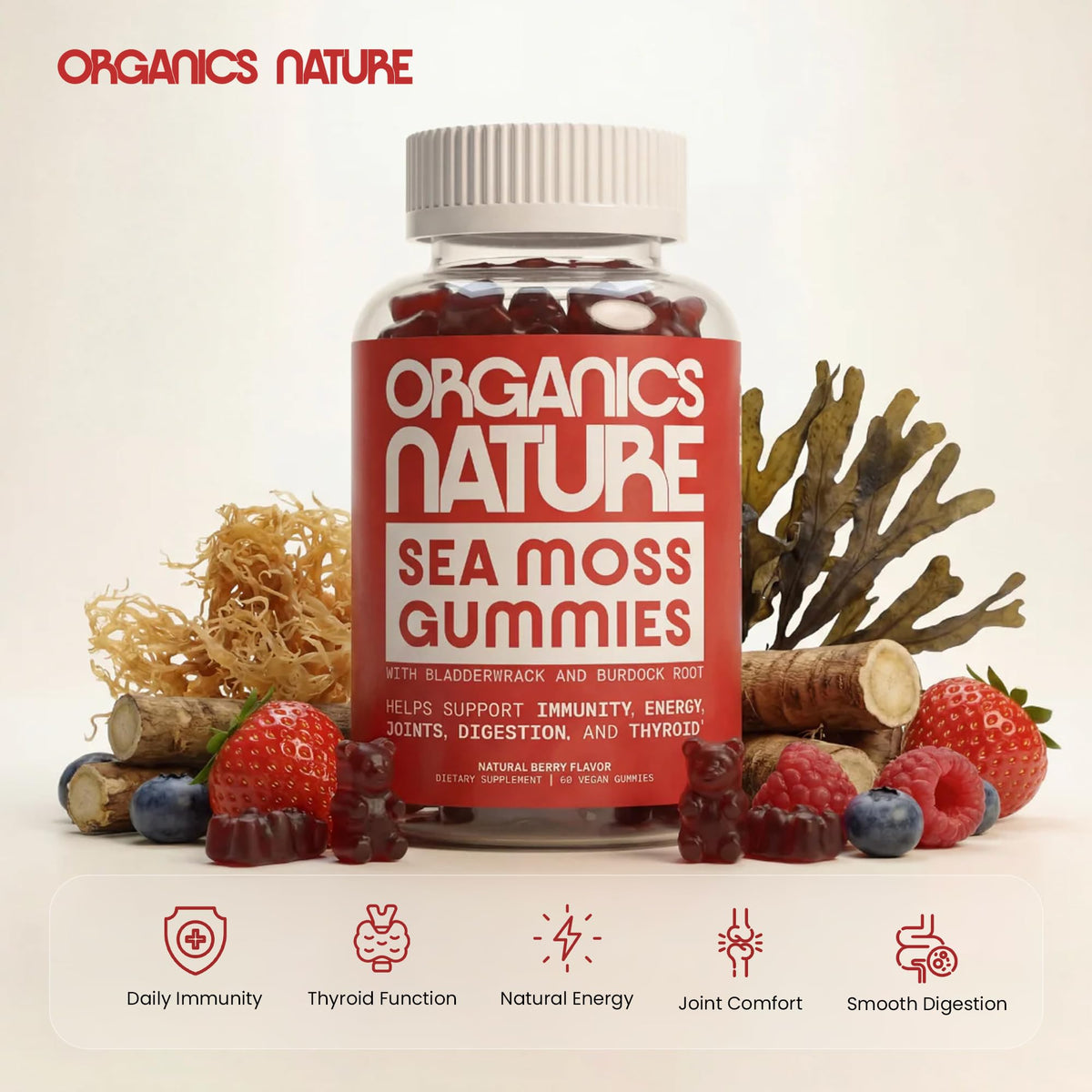 Ingrédients des gummies de mousse d'Irlande ORGANICS NATURE sur fond blanc