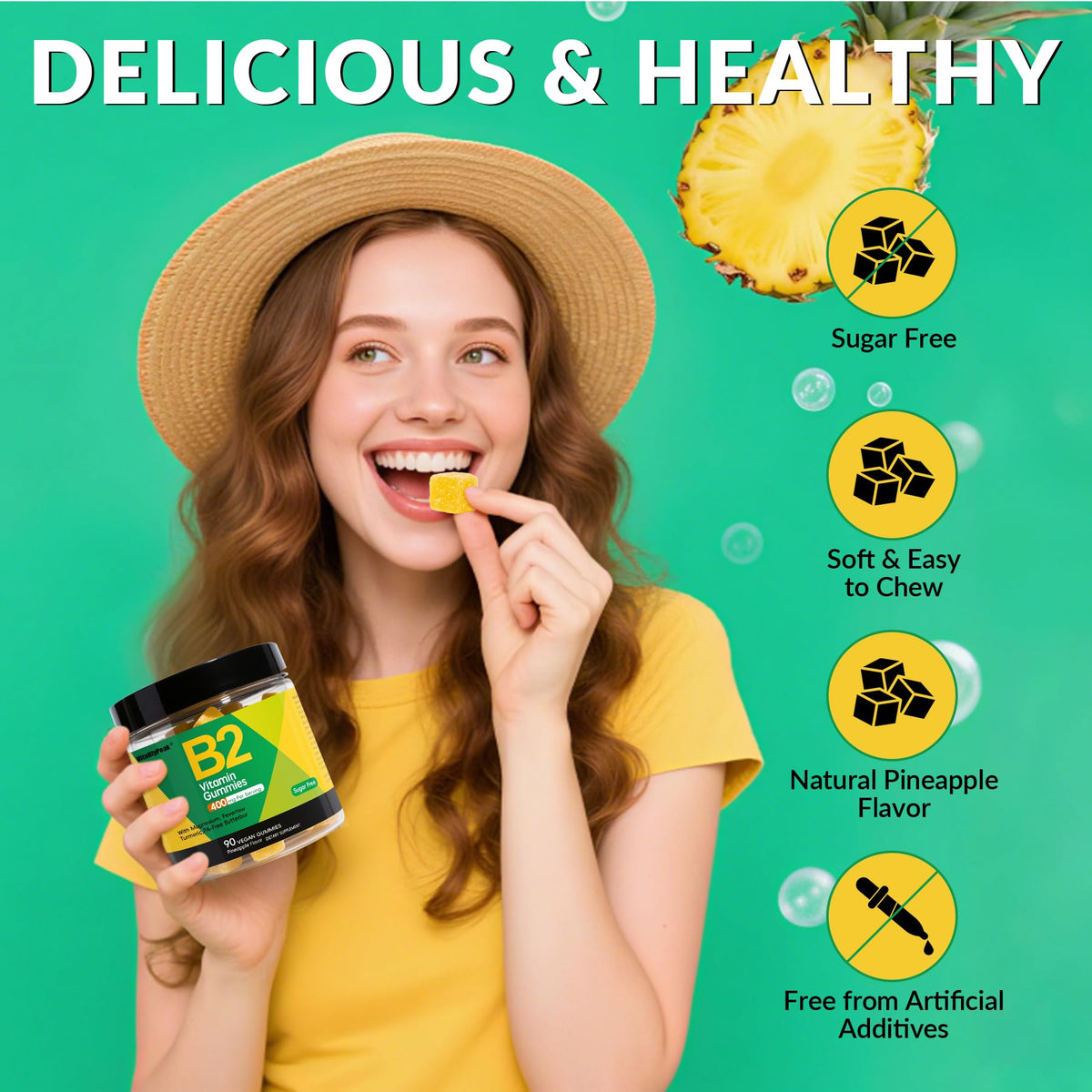 Ingrédients des gummies de riboflavine VitalityPeak sur fond blanc