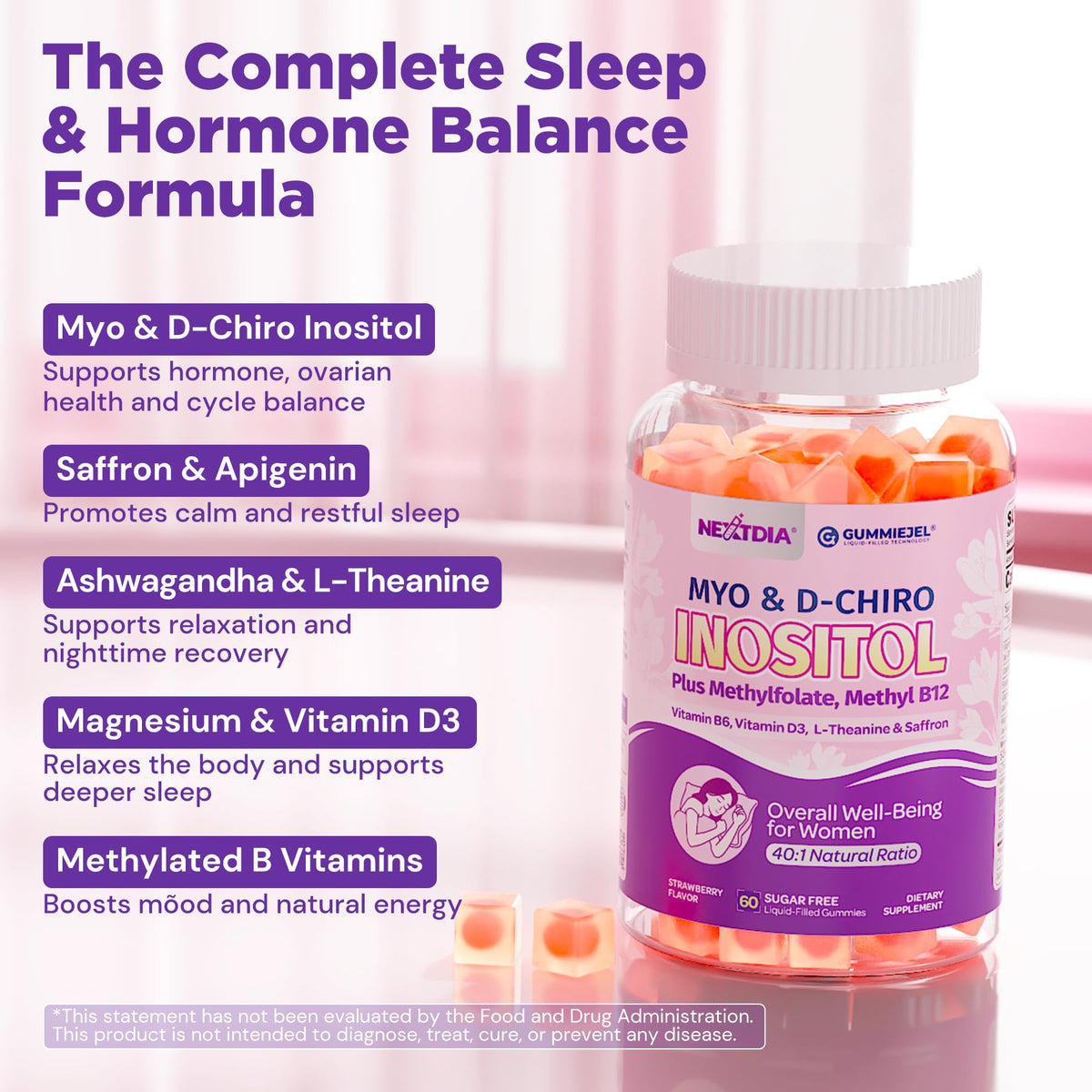 Ingrédients des Gummies de Sommeil Nextdia sur fond blanc