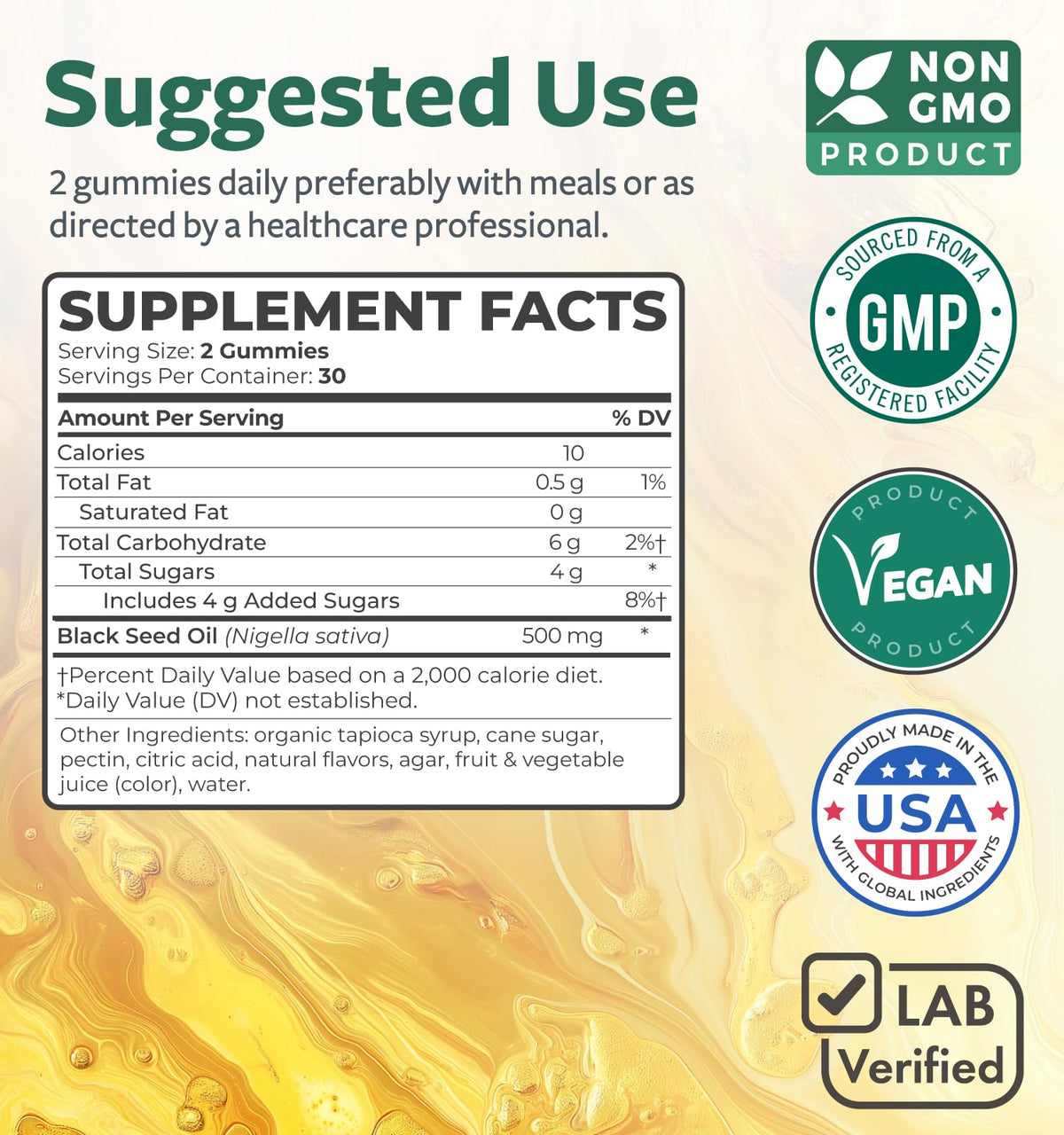 Ingrédients des gummies Healths Harmony huile de nigelle