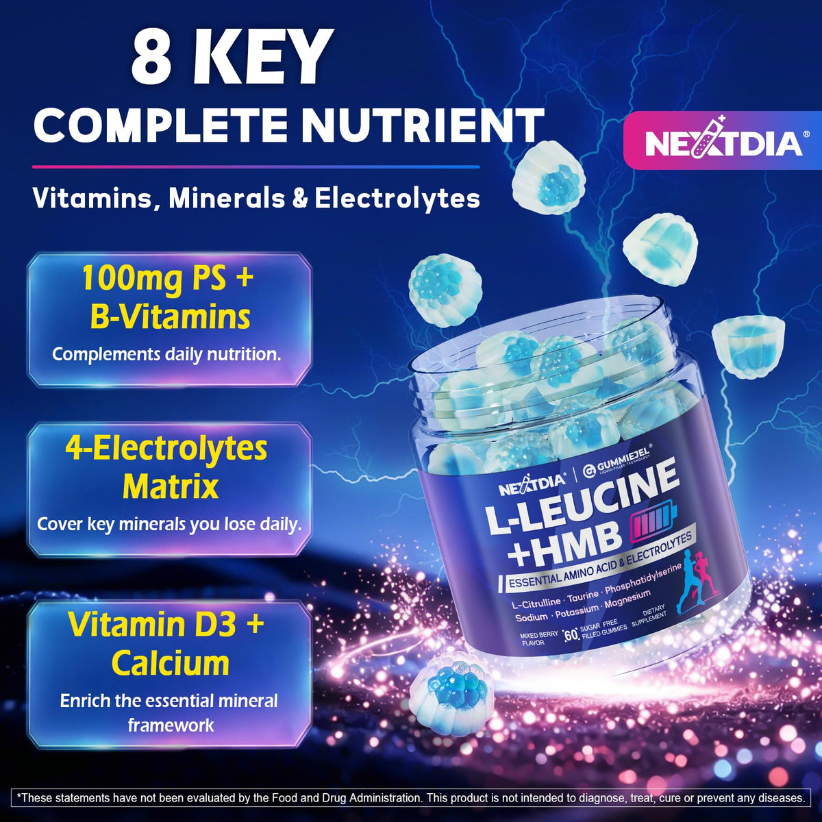 Ingrédients des gummies HMB et L-Leucine Nextdia sur une table