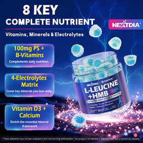 Ingrédients des gummies HMB et L-Leucine Nextdia sur une table