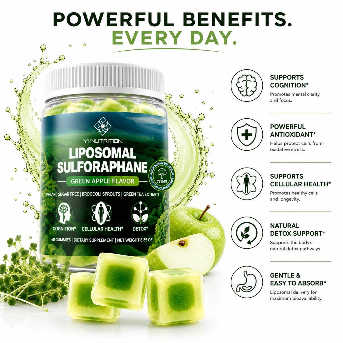 Ingrédients des gummies Liposomales de Sulforaphane sur l'étiquette