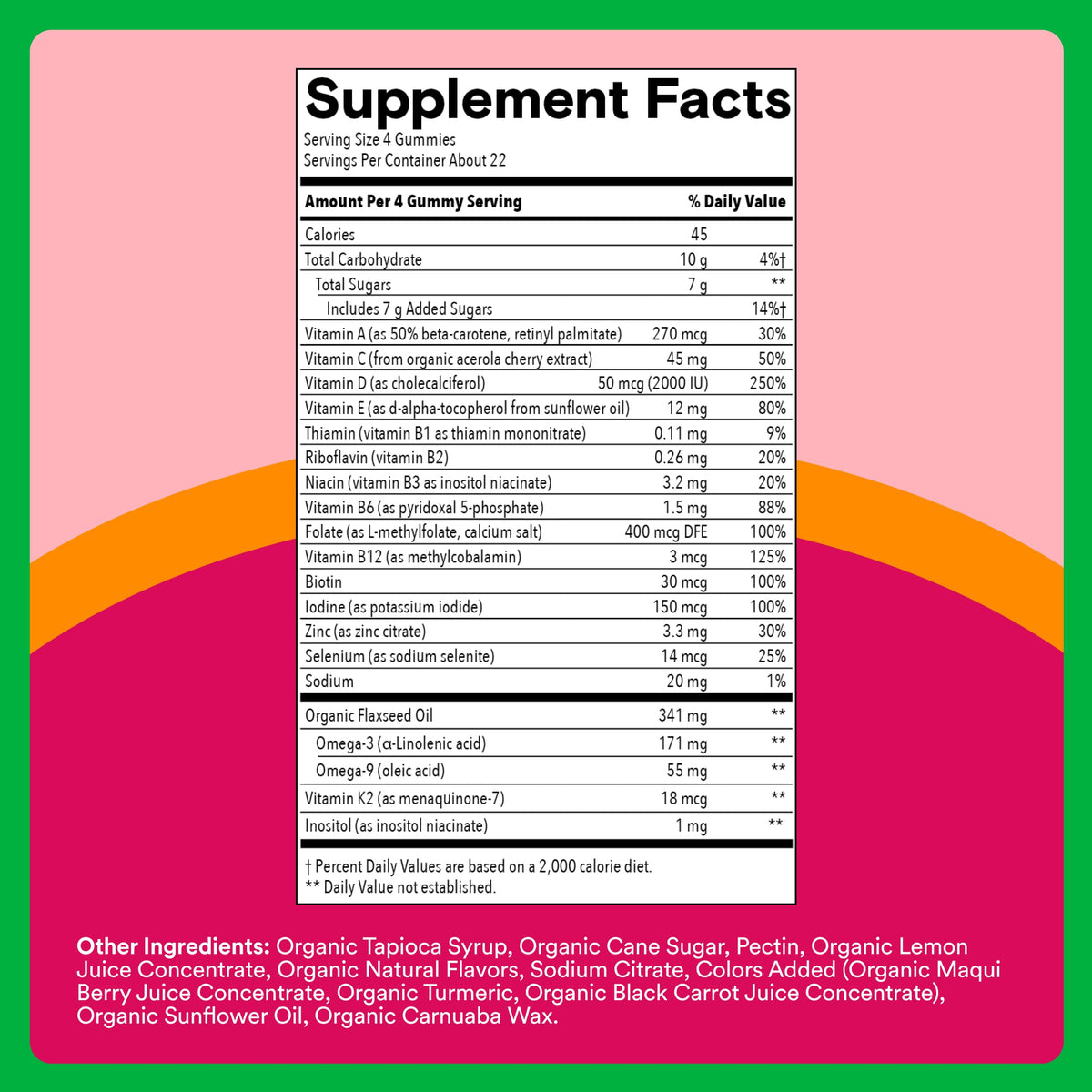 Ingrédients des Gummies Multivitamines Femmes SmartyPants sur fond blanc