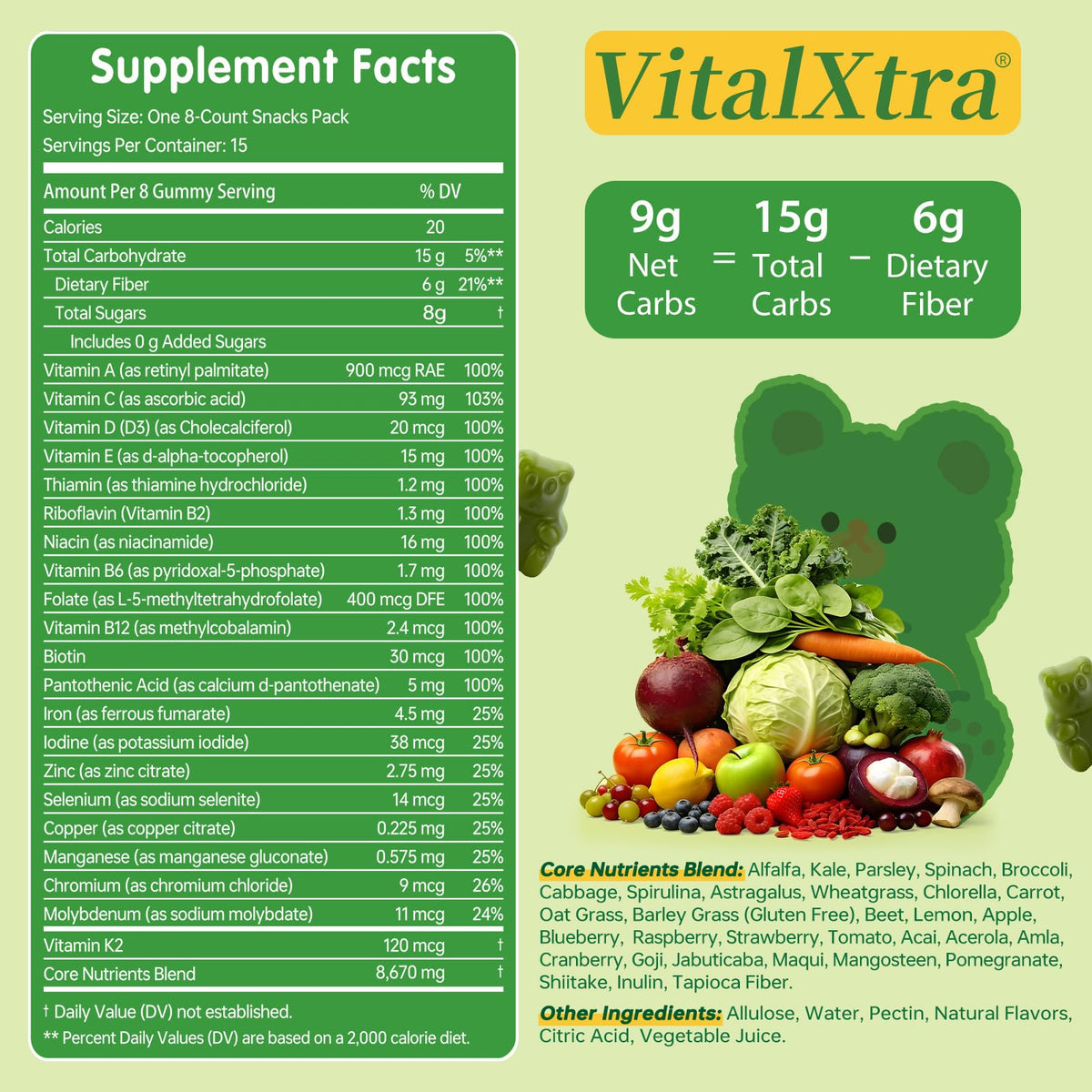 Ingrédients des gummies verts VitalXtra, illustration