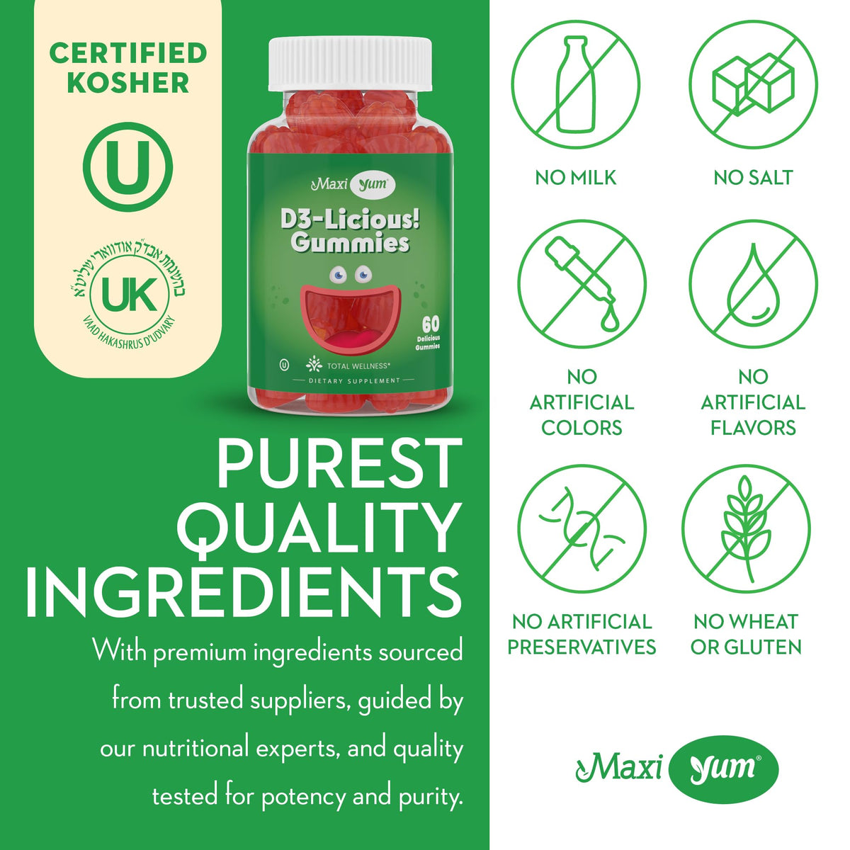 Ingrédients des gummies Vitamine D3 Maxi Health sur l'étiquette