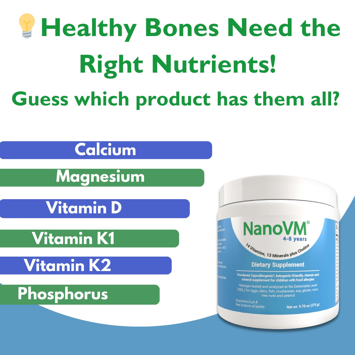 Ingrédients des multivitamines en poudre NanoVM sur une table