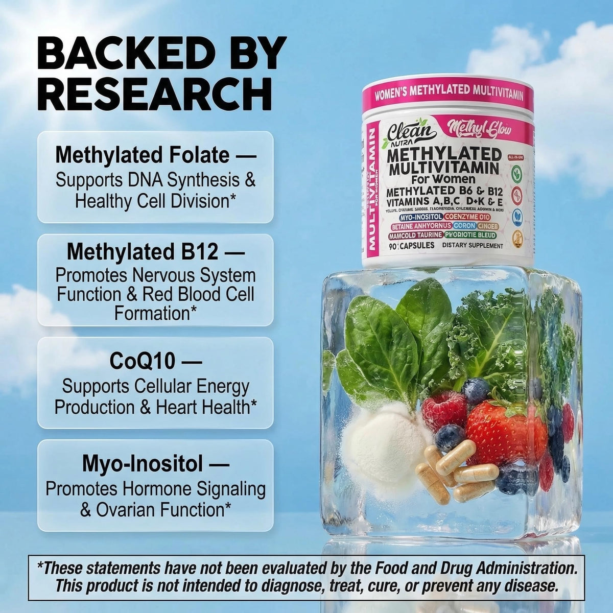 Ingrédients des multivitamines methylées Clean Nutraceuticals sur une table