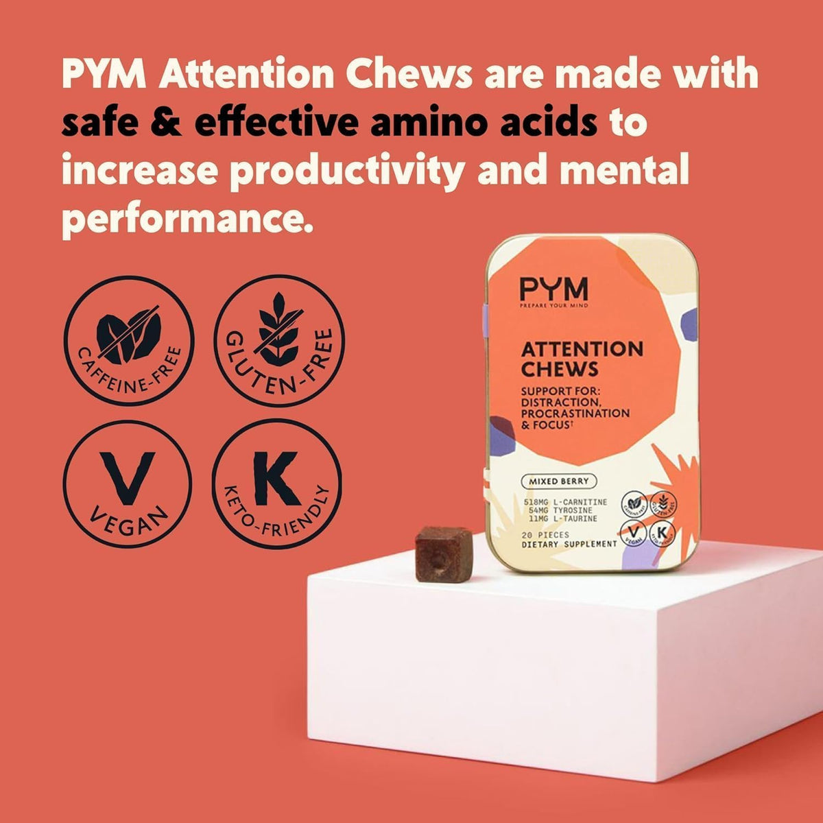 Ingrédients des PYM Attention Chews sur l'emballage