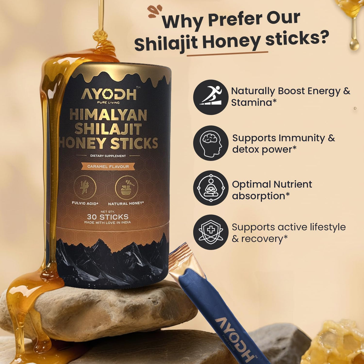 Ingrédients des Sticks de Miel au Shilajit AYODH