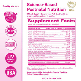 Ingrédients des vitamines postnatales Pink Stork sur l'emballage