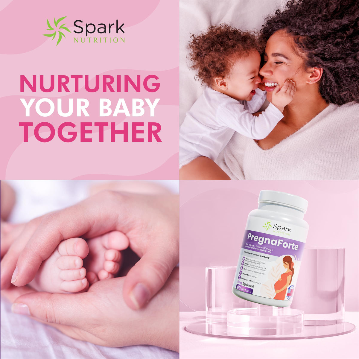 Ingrédients des vitamines prénatales Spark Nutrition sur fond blanc