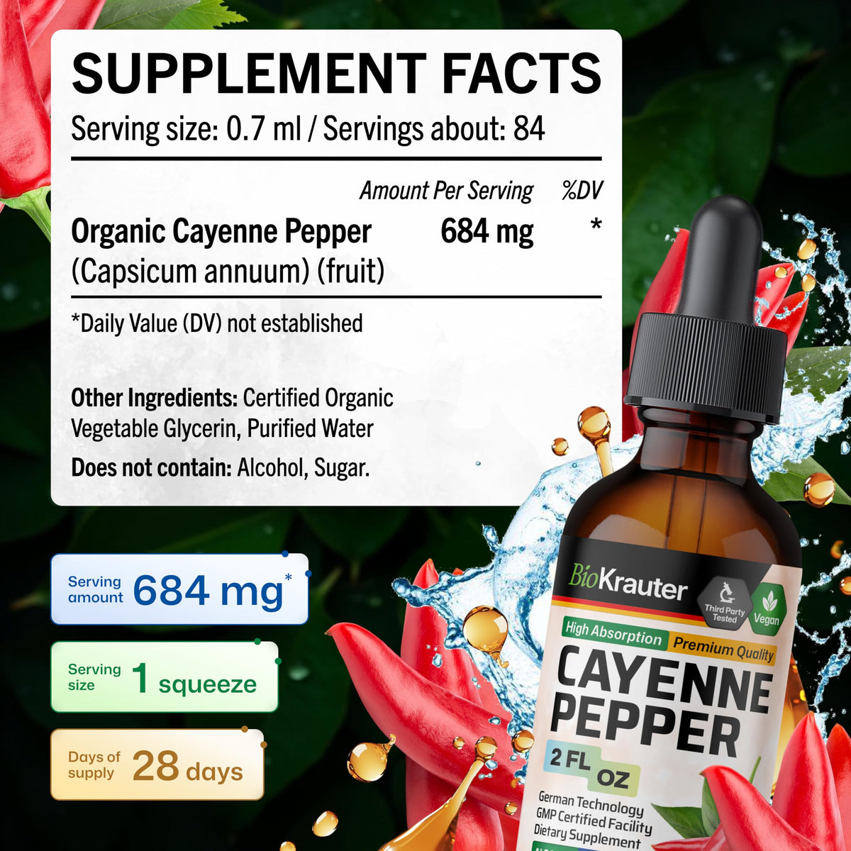 Ingrédients du BIO KRAUTER Extrait de Poivre de Cayenne sur l'étiquette