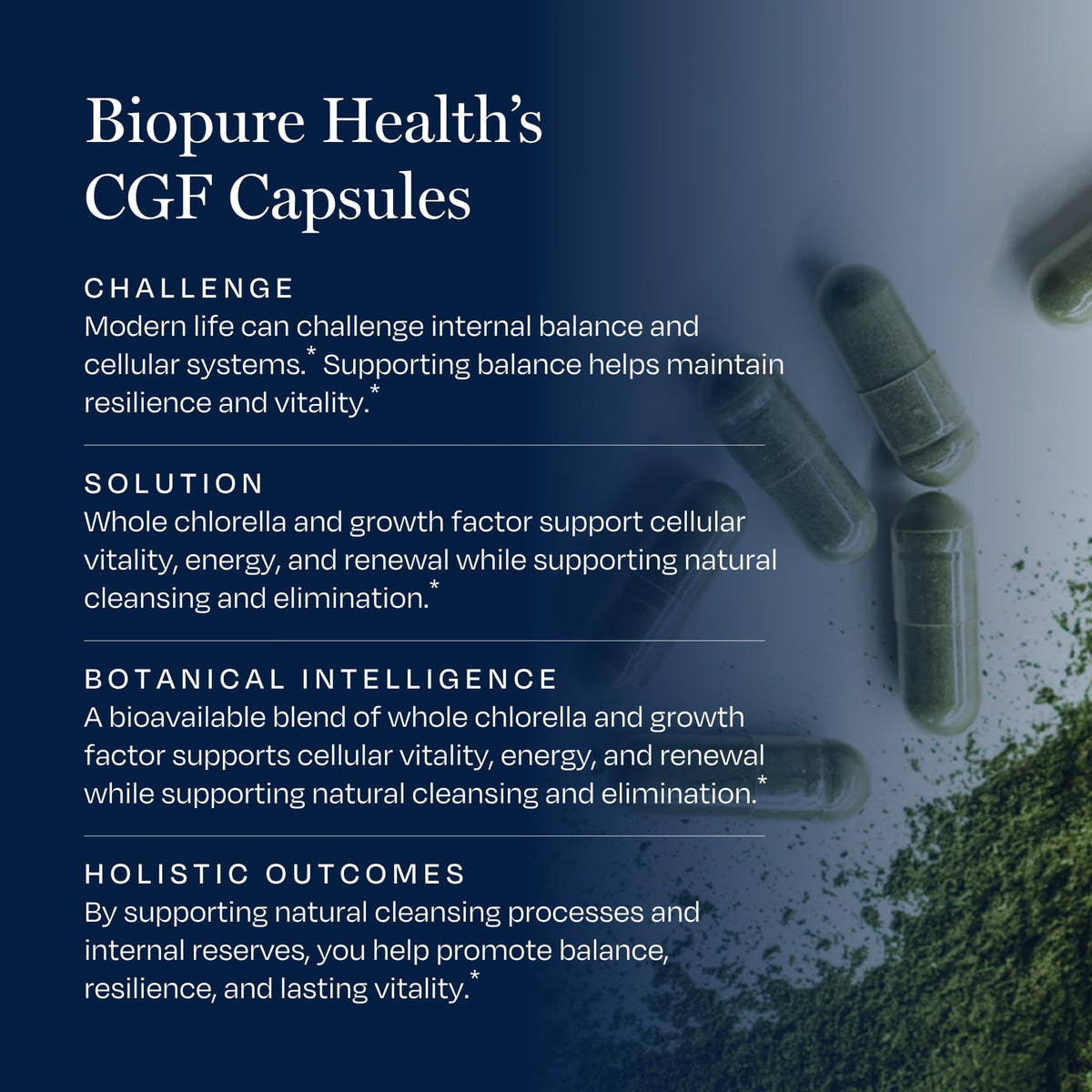Ingrédients du BioPure Chlorella Growth Factor sur une table