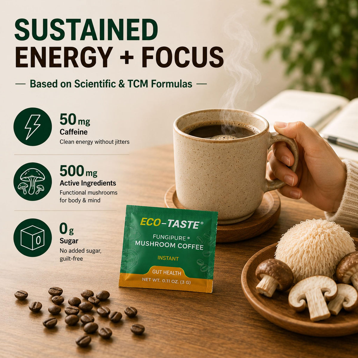 Ingrédients du Café aux Champignons ECO-TASTE en gros plan