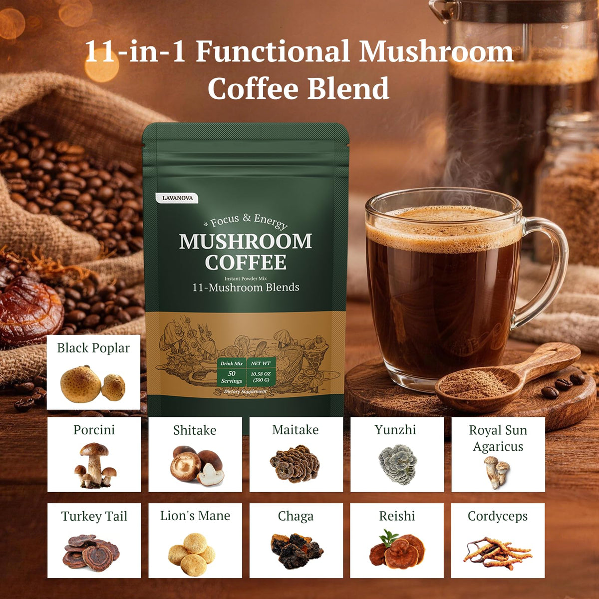 Ingrédients du café aux champignons LAVANOVA sur une table