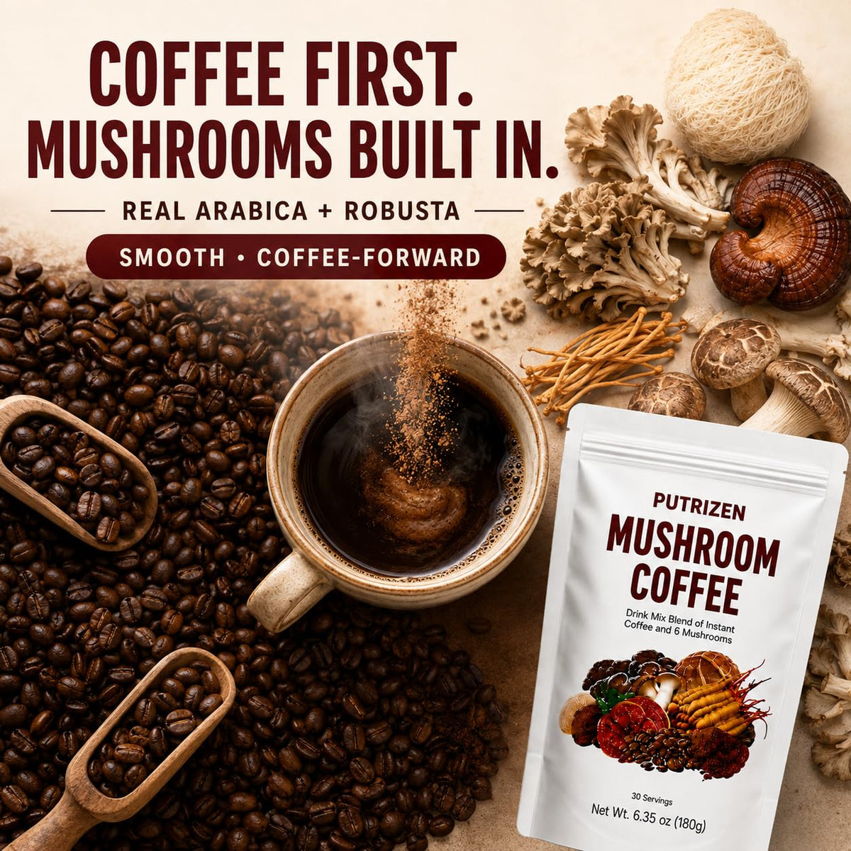 Ingrédients du café aux champignons PUTRIZEN sur l'emballage