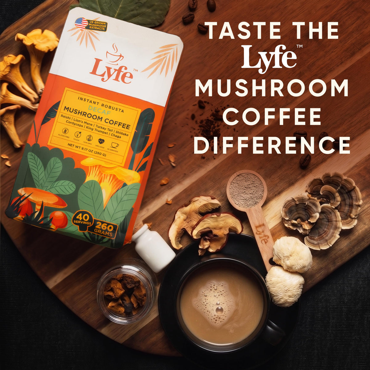 Ingrédients du Café Champignon LYFE, extraits de champignons