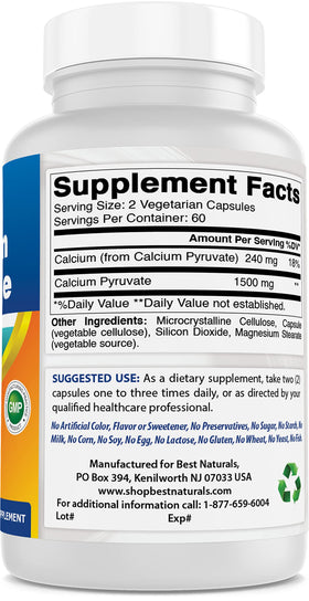 Ingrédients du Calcium Pyruvate 750 mg Best Naturals sur le flacon