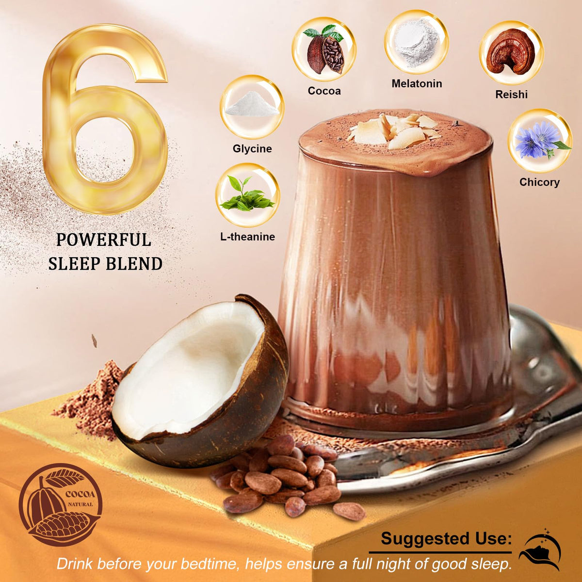 Ingrédients du chocolat chaud aux champignons Bunkell sur une table