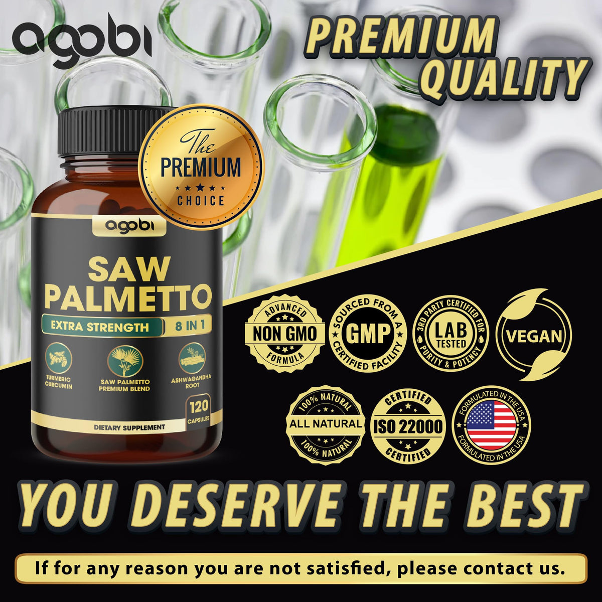 Ingrédients du complément agobi Saw Palmetto 8en1 sur une table