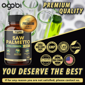 Ingrédients du complément agobi Saw Palmetto 8en1 sur une table