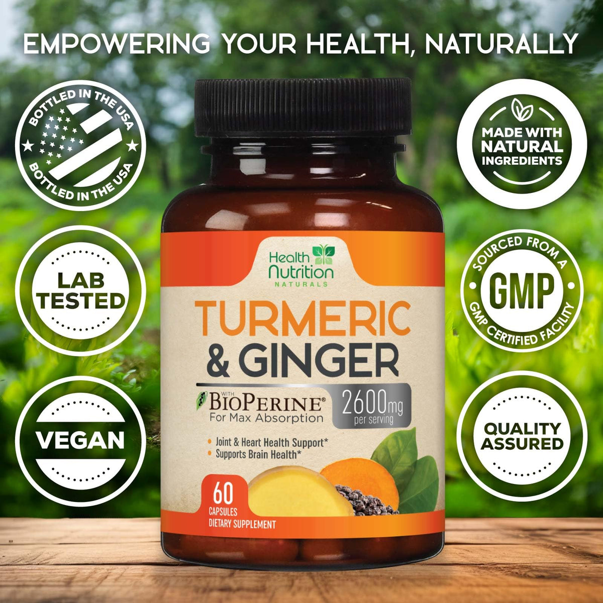 Ingrédients du complément alimentaire Curcuma 2200mg, sur une table