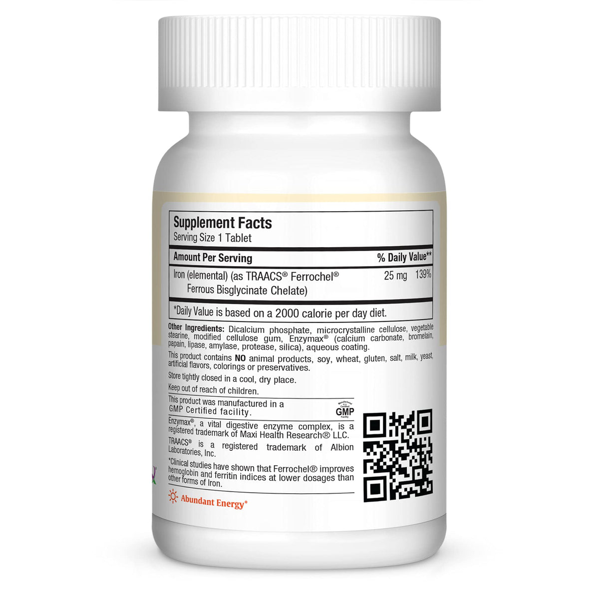Ingrédients du complément alimentaire Maxi Health Fer 25mg