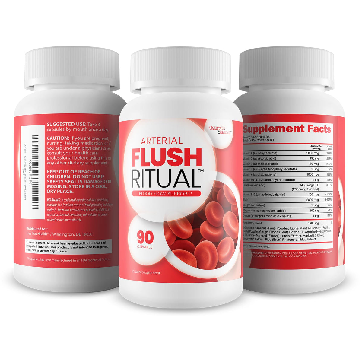 Ingrédients du complément Arterial Flush sur une table
