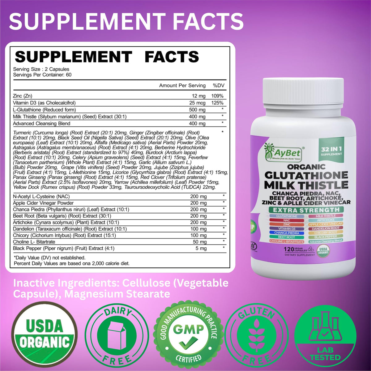 Ingrédients du complément AyBet Glutathione et Chardon-Marie
