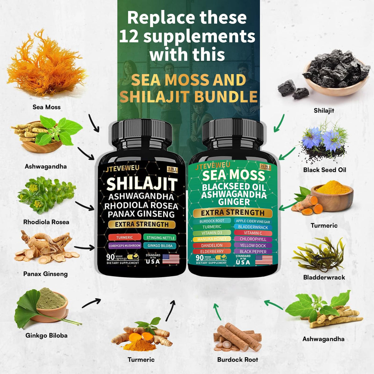 Ingrédients du complément JTEVEweu Shilajit et Sea Moss