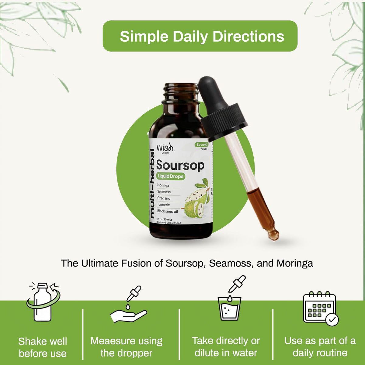 Ingrédients du complément liquide Soursop Wish Fusion sur une table