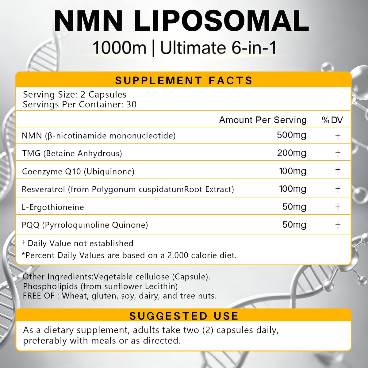 Ingrédients du complément NMN 1000mg klieop sur fond clair