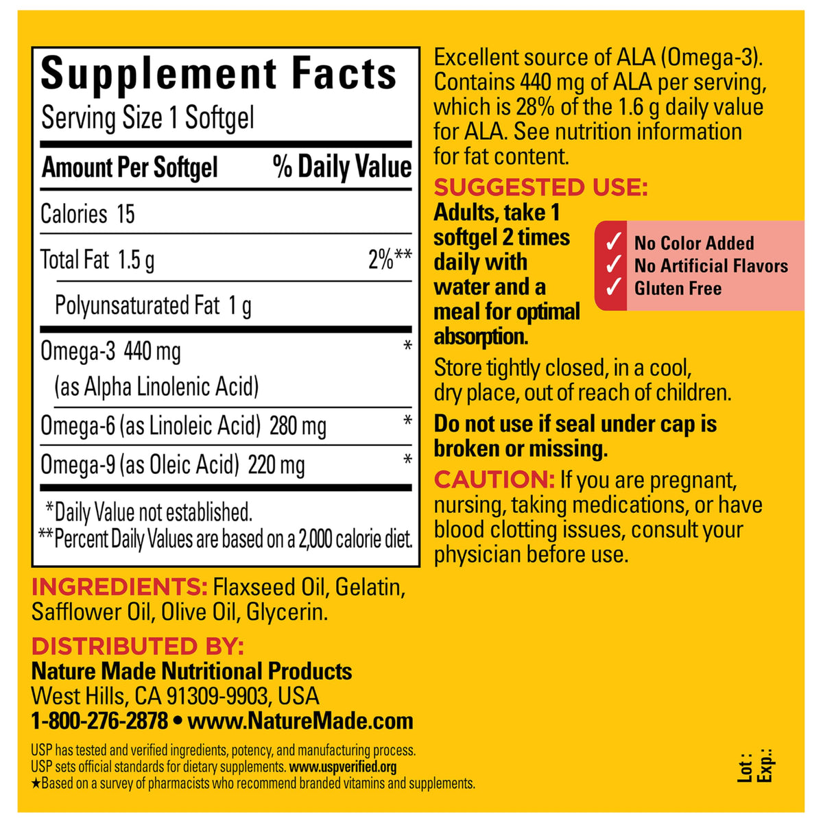 Ingrédients du complément Omega 3-6-9 Nature Made sur l'étiquette