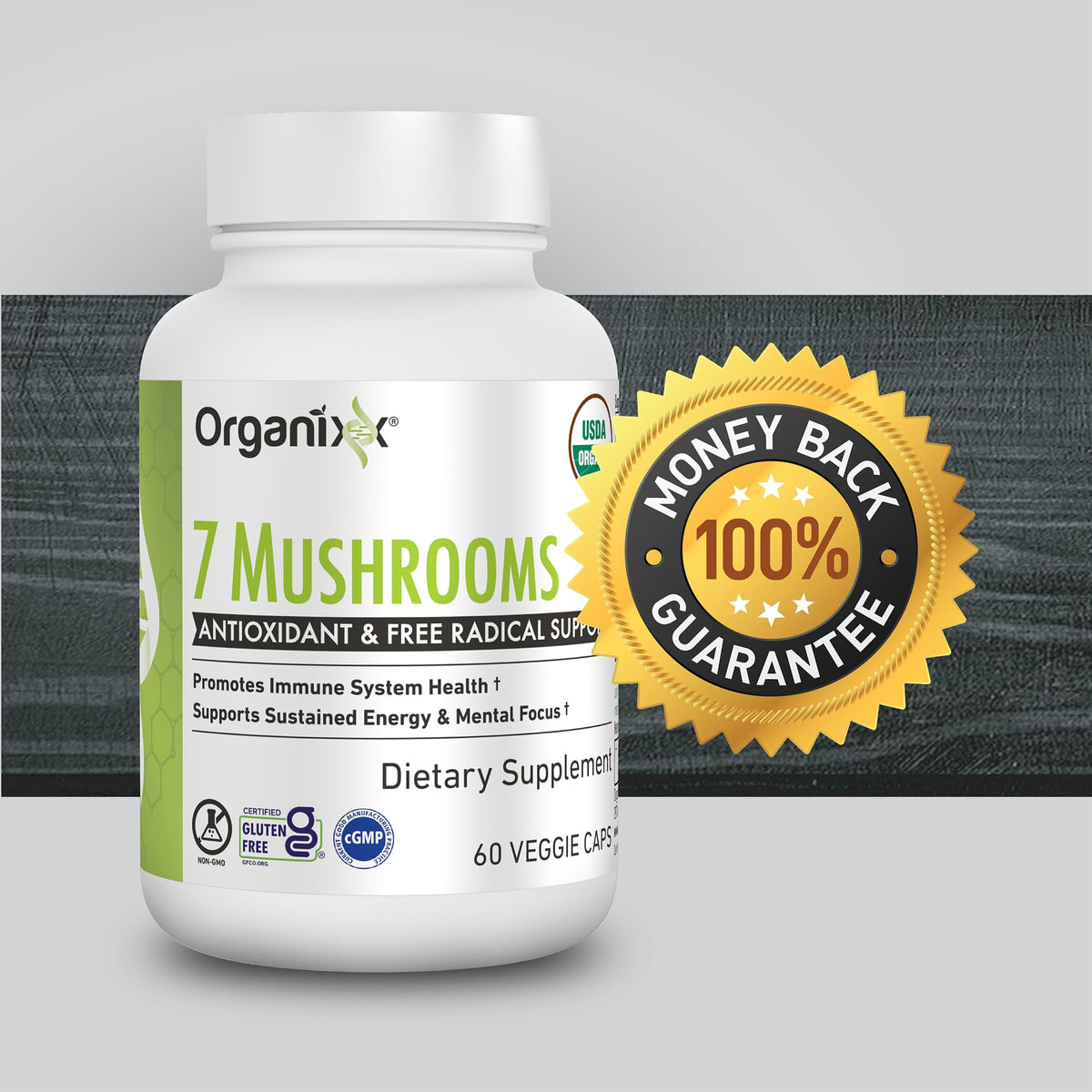 Ingrédients du complément Organixx 7 champignons sur l'emballage