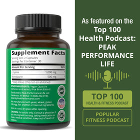 Ingrédients du complément Peak Performance L Lysine 1000mg + Monolaurin 500mg
