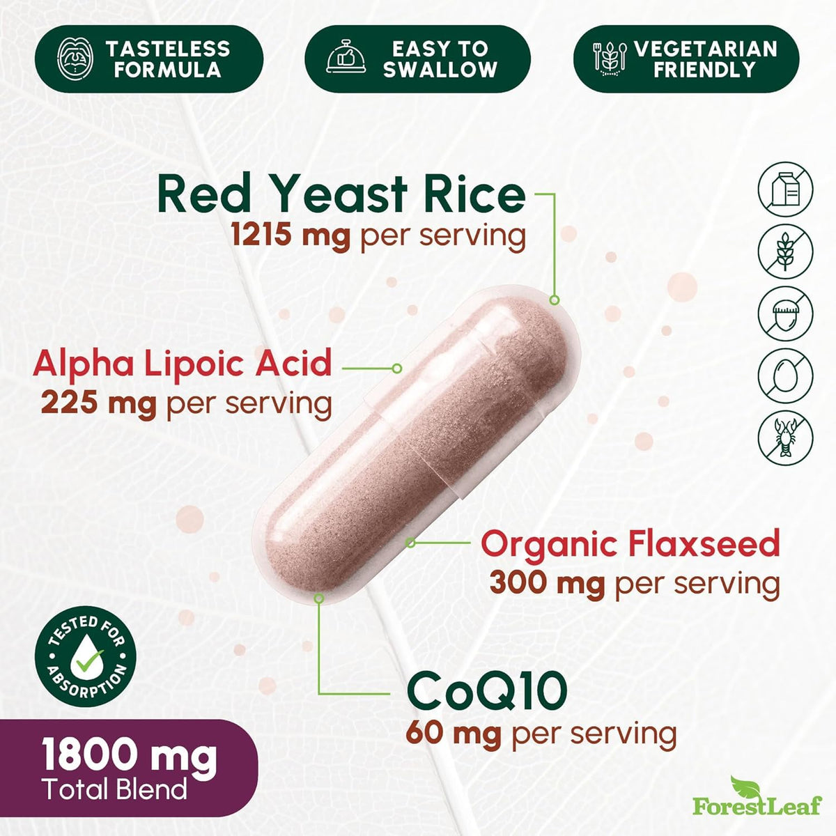 Ingrédients du complément Riz Rouge 1215 mg de ForestLeaf