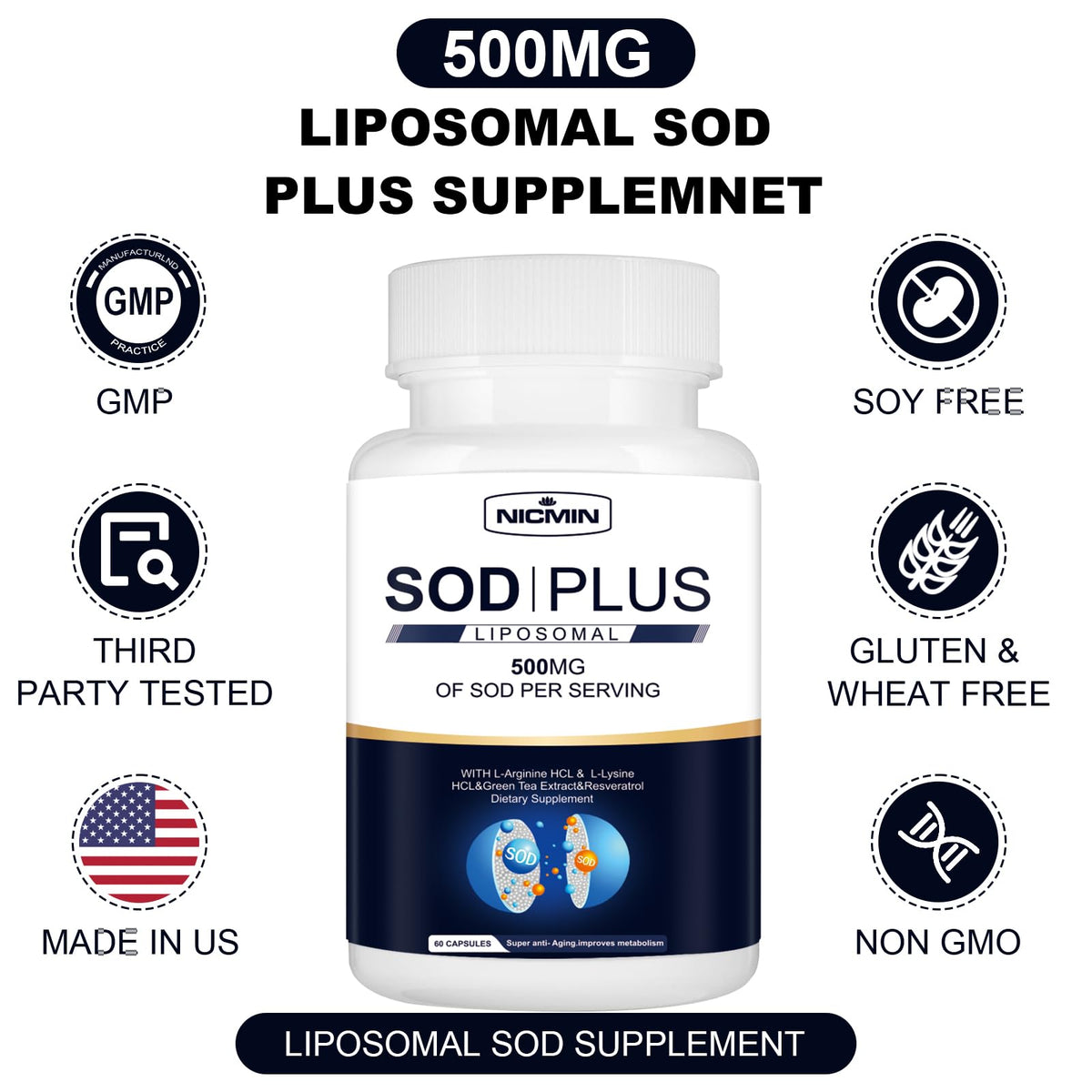 Ingredients du complément SOD 500mg NICMIN sur l'étiquette
