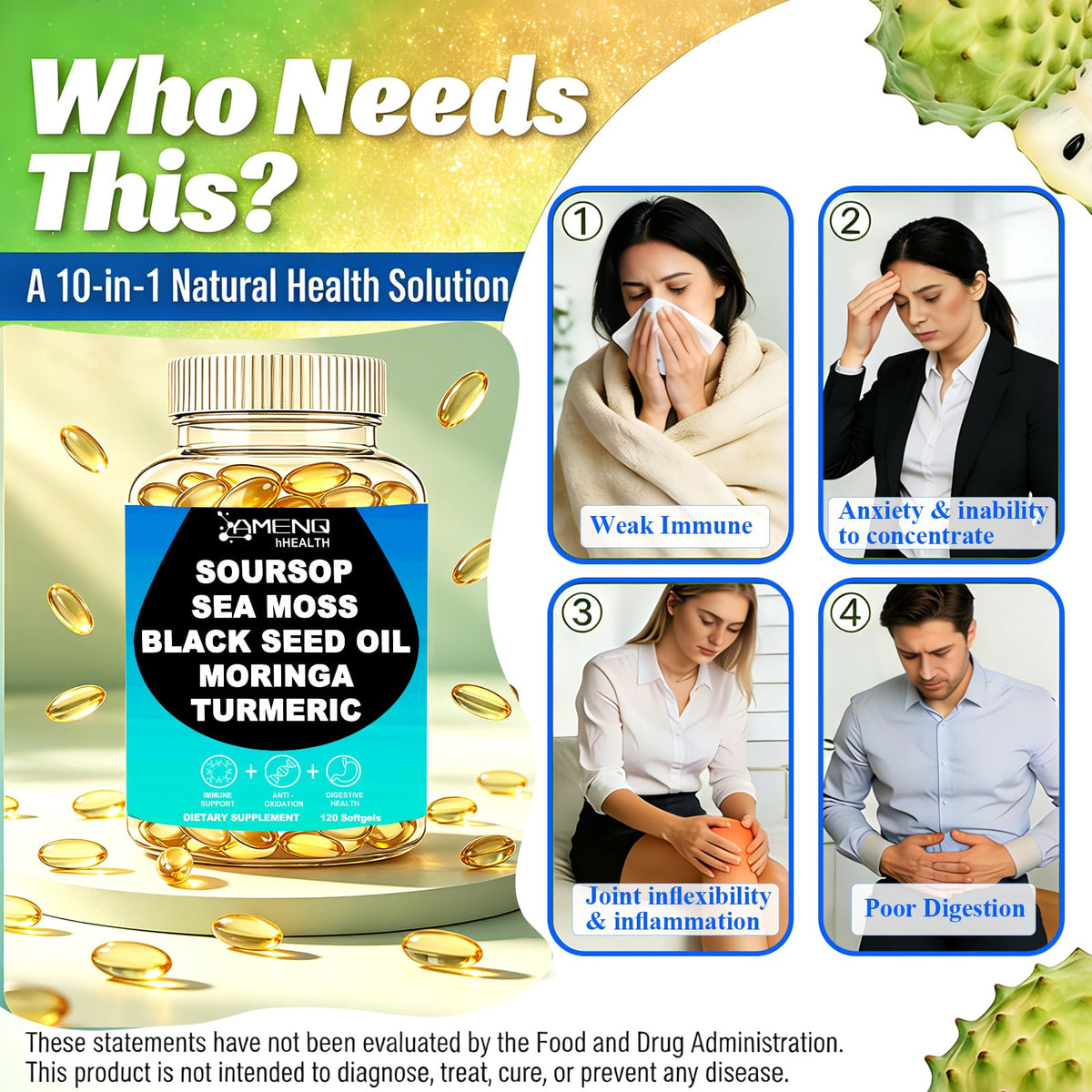 Ingrédients du complément Soursop 10 en 1 AMENQ hHEALTH, vue détaillée