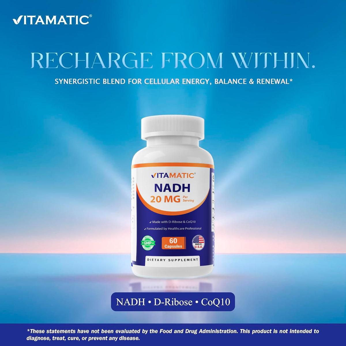 Ingrédients du complément Vitamatic NADH 20mg sur l'étiquette